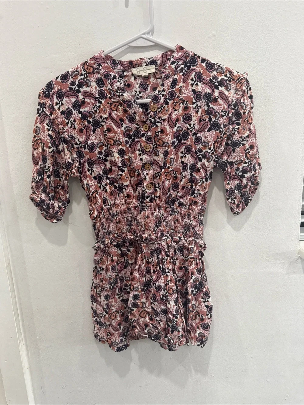 Jessica Simpson Pink Paisley Button-Front Smocked Tunic